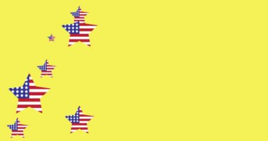 Sarı arka planda hareket eden yıldız şekilli Amerikan bayraklarının animasyonu. Vatanseverlik ve kutlama konsepti dijital olarak oluşturulmuş imaj.