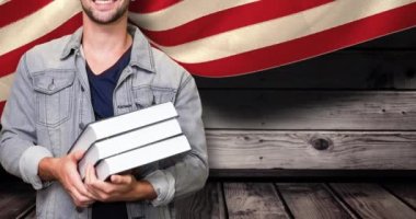 Amerikan bayrağı üzerinde kitapları tutan erkek öğrencinin animasyonu. Vatanseverlik, eğitim ve kutlama konsepti dijital olarak oluşturulmuş imaj.