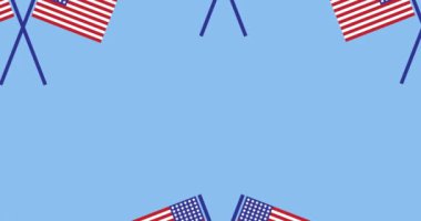 Mavi arka planda hareket eden Amerikan bayraklarının animasyonu. Vatanseverlik ve kutlama konsepti dijital olarak oluşturulmuş imaj.