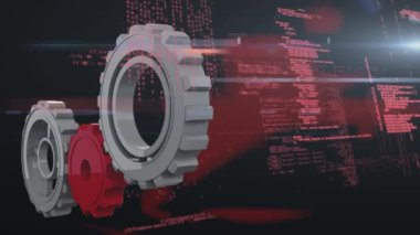 Animation of cogs spinning and data processing on digital screen. global technology, digital interface and data processing concept digitally generated video.