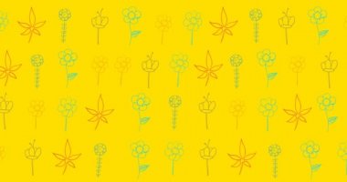 Sarı arkaplanda hareket eden çoklu kırmızı ve yeşil çiçeklerin animasyonu. desen, renk ve hareket konsepti dijital olarak oluşturulmuş video.