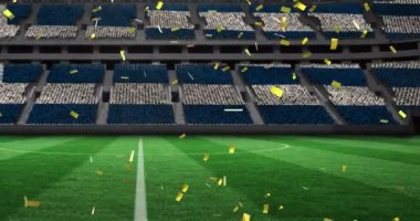 Arka plandaki spor stadyumuna düşen altın konfetilerin dijital animasyonu. spor, turnuva ve yarışma konsepti