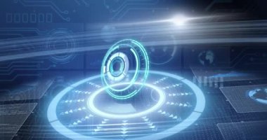 Dürbün taraması ve dijital ekranlarda veri işleme animasyonları. küresel teknoloji ve dijital arayüz kavramı dijital olarak oluşturulmuş video.