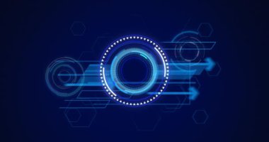 Ekranda dürbün taraması ve okların animasyonu. küresel teknoloji, dijital arayüz ve veri işleme kavramı dijital olarak oluşturulmuş video.