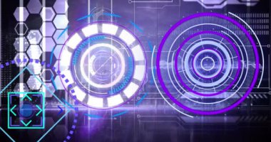 Dürbün taraması ve dijital ekranda veri işleme animasyonları. küresel teknoloji, dijital arayüz ve veri işleme kavramı dijital olarak oluşturulmuş video.