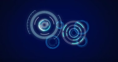 Mavi arka planda dürbün taraması ve veri işleme animasyonları. küresel teknoloji ve dijital arayüz kavramı dijital olarak oluşturulmuş video.