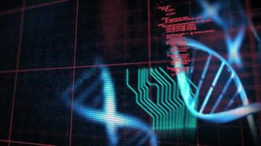 DNA dizilimi, bilgisayar devre kartı ve bilimsel veri işleme animasyonu. küresel bilim, araştırma ve veri işleme kavramı dijital olarak oluşturulmuş video.