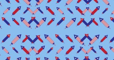 Animation of fireworks coloured with american flag moving over blue background. patriotism and celebration concept digitally generated image.