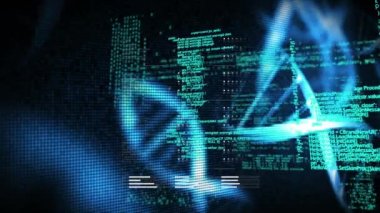 DNA dizilimi ve bilimsel veri işleme animasyonu. küresel bilim, araştırma ve veri işleme kavramı dijital olarak oluşturulmuş video.