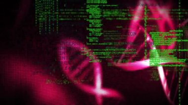 DNA iplikçiklerinin ve bilimsel veri işlemenin animasyonu. küresel bilim, araştırma ve veri işleme kavramı dijital olarak oluşturulmuş video.