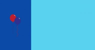 Balonların ve trompet ikonlarının üzerindeki mutlu bağımsızlık günü metinleri mavi arka planda. Amerikan bağımsızlık günü konsepti