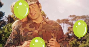 Gaziler Günü animasyonu, eşiyle birlikte Amerikan askerine mesaj atıyor. Vatanseverlik ve kutlama konsepti dijital olarak oluşturulmuş imaj.