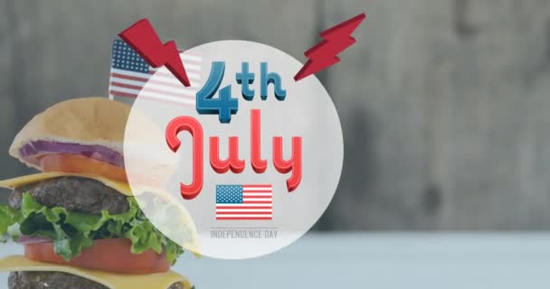 Animation 4Th July Text Smiling Man Party Hat Hamburger Patriotism — Stock Video