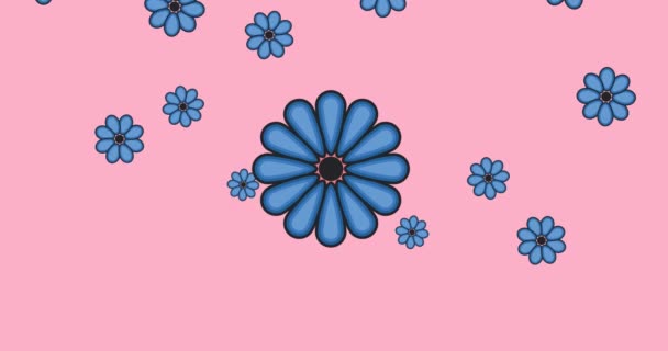 Animation Plusieurs Fleurs Bleues Déplaçant Sur Fond Rose Motif Couleur — Video