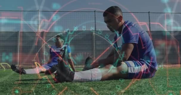 Animação Digitalização Escopo Processamento Dados Sobre Jogadores Futebol Aquecendo Interface — Vídeo de Stock