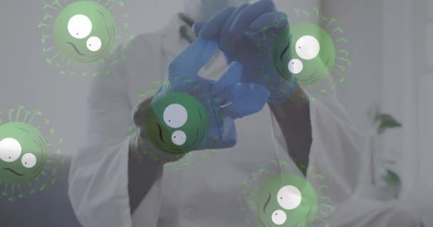 Несколько Клеток Ковида Против Доктора Хирургических Перчатках Больнице Пандемическая Концепция — стоковое видео