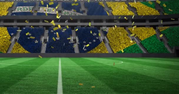 Animation Confetti Falling Brazilian Flag Empty Sports Stadium Celebration Winning — Αρχείο Βίντεο