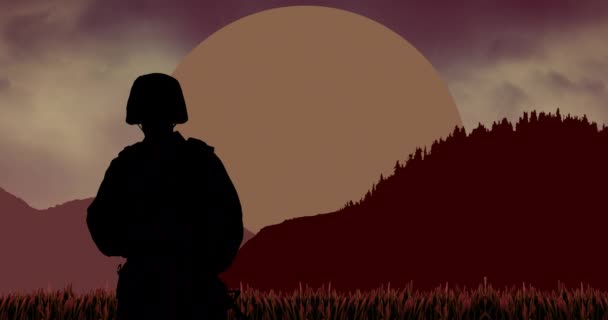 Animazione Della Silhouette Del Soldato Maschio Che Muove Sul Paesaggio — Video Stock