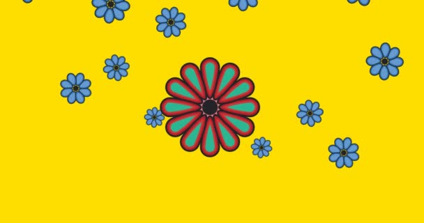 Animation Mehrerer Blumen Die Sich Auf Gelbem Hintergrund Bewegen Muster — Stockvideo