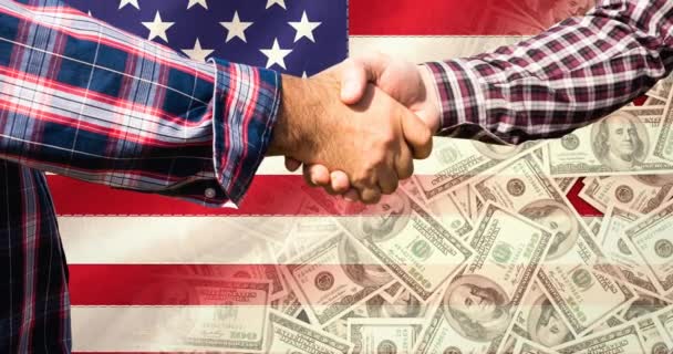 Animation Two Caucasian Men Shaking Hands American Flag Banknotes Patriotism — Αρχείο Βίντεο