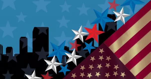 Csillagok Csíkok Szabadságszobrok Animációja Amerikai Zászló Felett Patriotizmus Ünneplés Koncepció — Stock videók