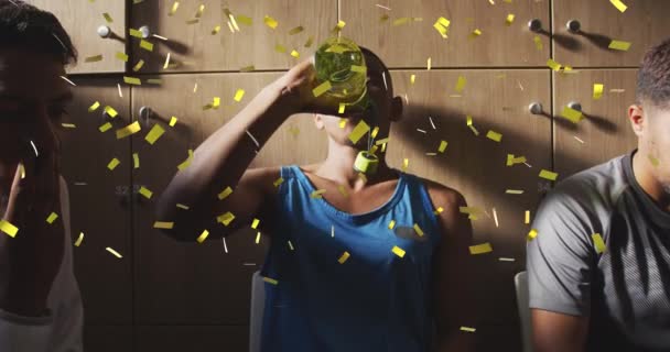 Golden Confetti Falling Male Soccer Player Drinking Water Sitting Changing — Stock Video