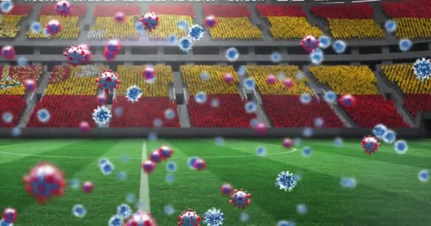 Animation Covid Cells Spanish Flag Empty Sports Stadium Global Coronavirus — Stock Video