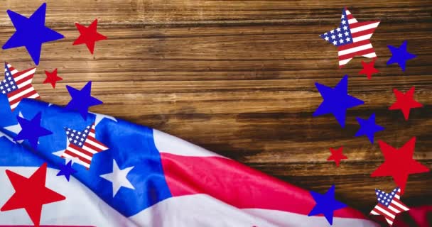 Анімація Зірок Смуг Над Американським Прапором Дерев Яному Столі Патріотизм — стокове відео