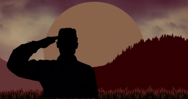 Animatie Van Amerikaanse Soldaat Silhouetten Van Bergen Zon Patriottisme Viering — Stockvideo