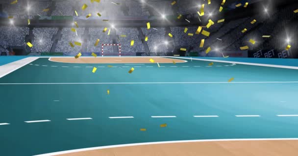 Digital Animation Gyllene Konfetti Faller Mot Fotbollsstadion Bakgrunden Idrottsturnering Och — Stockvideo
