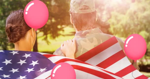 Animatie Van Veteranen Dagtekst Amerikaanse Soldaat Met Vrouw Patriottisme Viering — Stockvideo
