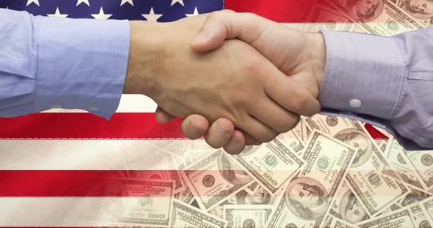 Animation Two Caucasian Men Shaking Hands American Flag Banknotes Patriotism — Stock Video