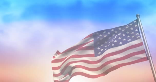 Анимация Американского Флага Над Голубым Небом Облаками Патриотизм Концепция Празднования — стоковое видео