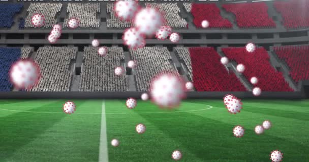 Boş Bir Stadyumdaki Fransız Bayrağı Üzerinde Covid Hücrenin Animasyonu Küresel — Stok video