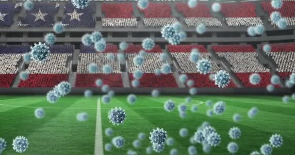 Animatie Van Covid Cellen Boven Amerikaanse Vlag Leeg Sportstadion Wereldwijd — Stockvideo