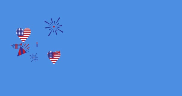 Анімація Американських Прапорів Ікон Незалежності День Руху Над Синім Фоном — стокове відео