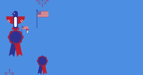 Animace Amerických Vlajek Ikon Dne Nezávislosti Pohybující Nad Modrým Pozadím — Stock video