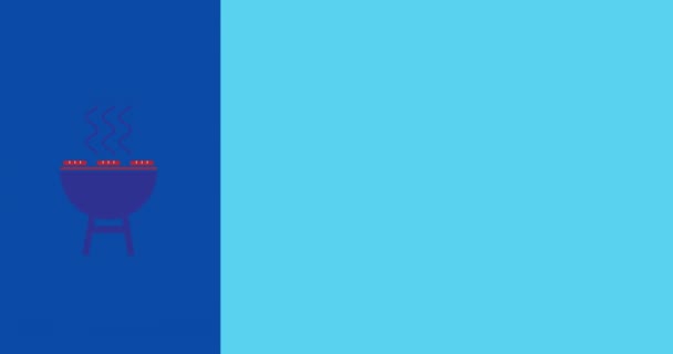 青い背景にバーベキューやハートアイコンについての幸せな独立記念日のテキスト アメリカ独立記念日のお祝いのコンセプト — ストック動画