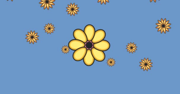 多朵黄色的花在蓝色的背景上移动的动画 颜色和运动概念数字生成的视频 — 图库视频影像