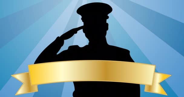 Multiple Colorful Stars Golden Ribbon Silhouette Soldier Blue Radial Background — Stock Video