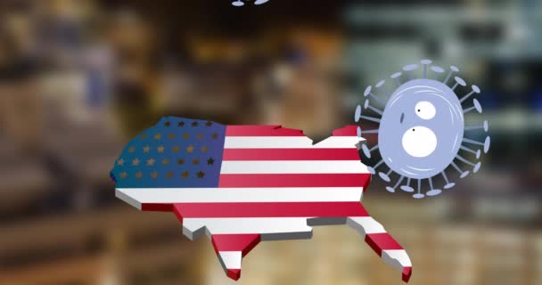 Animation Coronavirus Cells Usa Map Coloured American Flag Cityscape Background — Stock Video