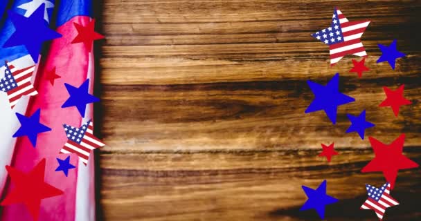 Animation Étoiles Rayures Sur Drapeau Américain Sur Une Table Bois — Video