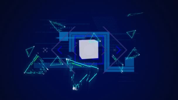 蓝色背景上旋转正方形和闪烁三角形的动画 全球技术 数字接口和数据处理概念 — 图库视频影像