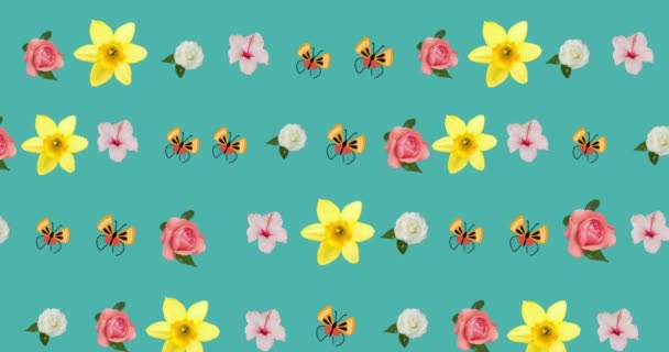 Animation Mehrerer Blumen Die Sich Über Einen Grünen Hintergrund Bewegen — Stockvideo