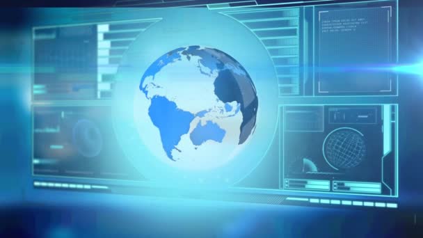 Animacja Globu Przetwarzanie Danych Ekranie Niebieskim Tle Globalna Technologia Koncepcja — Wideo stockowe