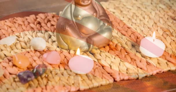 Animation Buddha Figur Som Rör Sig Över Amerikansk Flagga Amerikansk — Stockvideo