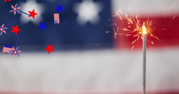 Animacja Gwiazd Flag Iskry Nad Amerykańską Flagą Koncepcja Patriotyzmu Celebracji — Wideo stockowe