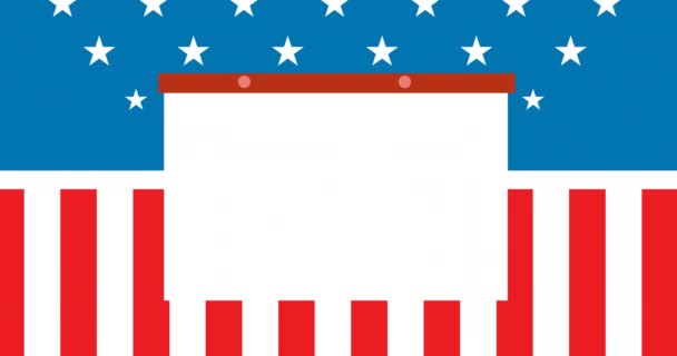 トークンテンプレートカードとアイコンのアニメーションがアメリカの旗の上を移動します 愛国心とお祝いのコンセプトをデジタルで — ストック動画