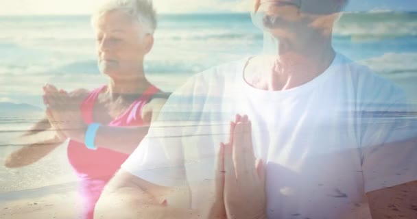 Animație Lumină Strălucitoare Asupra Cuplului Senior Care Practică Yoga Litoral — Videoclip de stoc