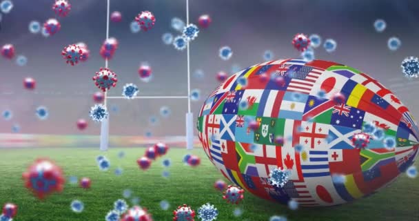 ラグビーのピッチでフラグで形成されたラグビーボール上のCovid 19セルのアニメーション 世界的なコロナウイルスのパンデミック スポーツ 競争の概念をデジタルで生成したビデオ — ストック動画